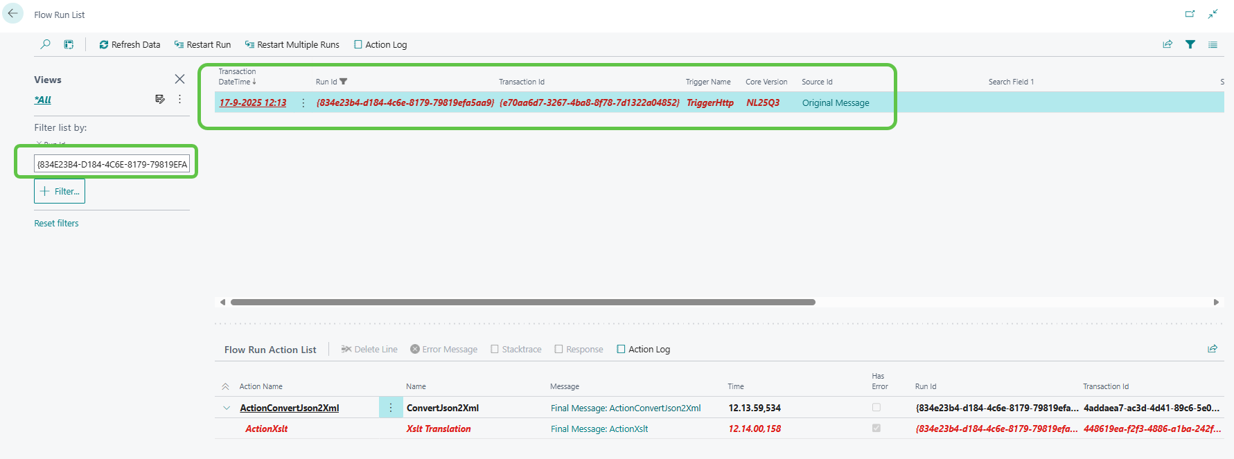 DataHub flow run list filter Example