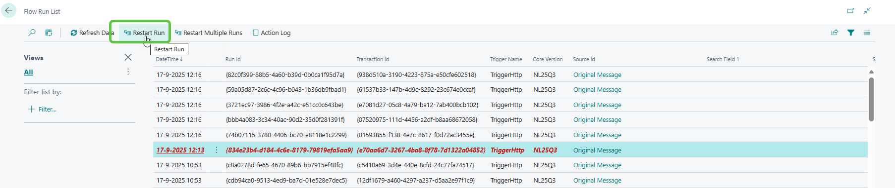 DataHub flow run list restart Example