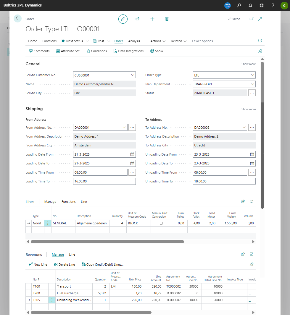 Example order Weekend Unloading