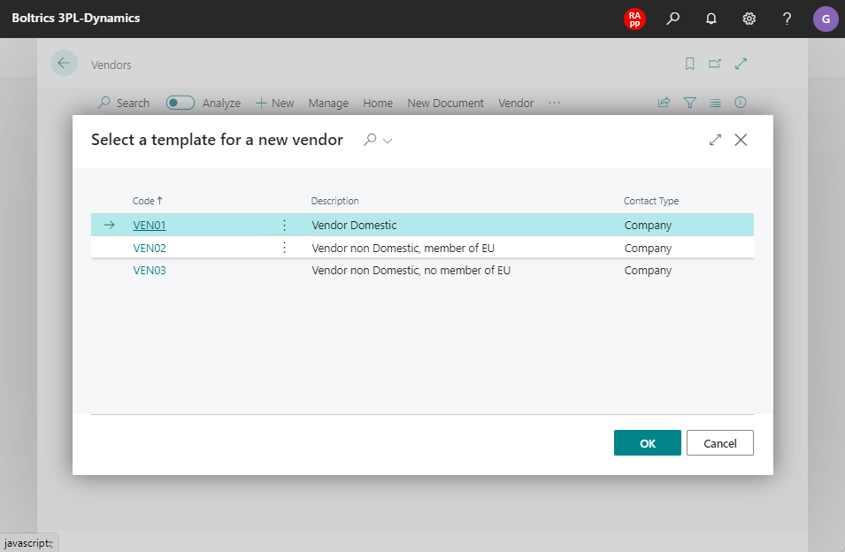 Vendor Template Selection