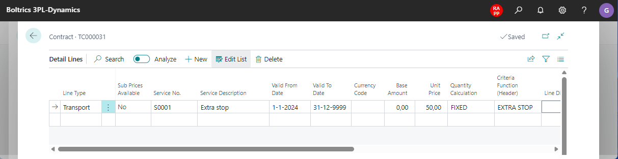 Contract Surcharge line EXTRA STOP