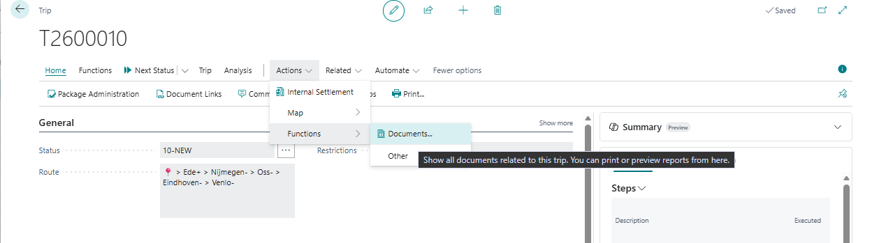 The Documents action under Actions > Functions on a Trip