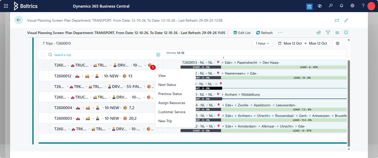 Visual Planning TImeline Options Menu